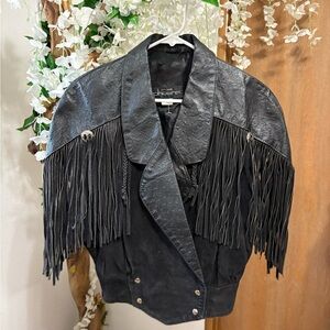 Phoenix Vintage Black Leather Jacket with Fringe Accents